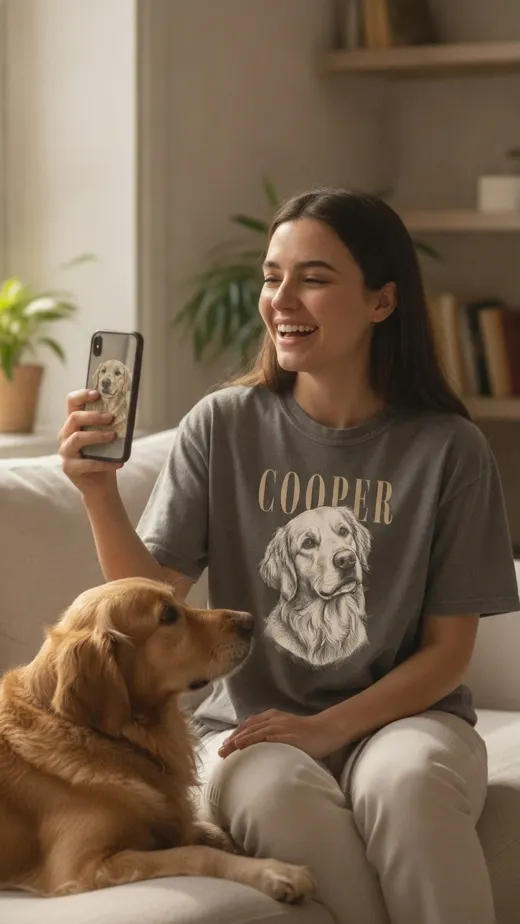 Ad scene: a woman laughing at her dog's photo, wearing the tee