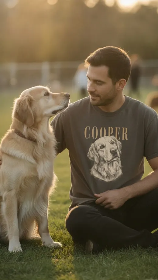 Ad scene: a man in the tee with his golden retriever