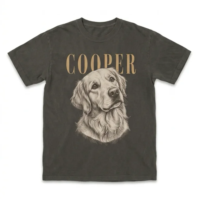 Your product photo: a Cooper dog-portrait tee