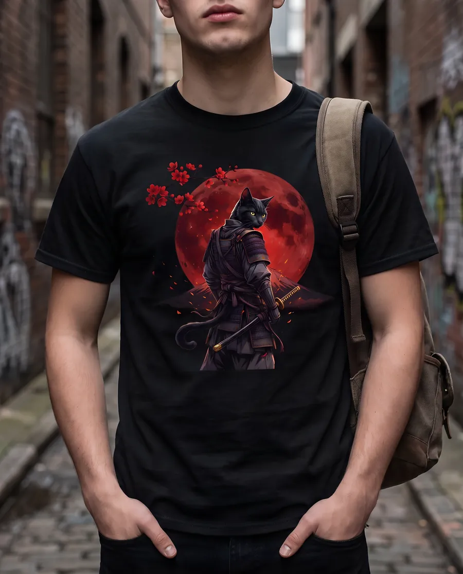Samurai cat design on a black t-shirt, worn by a man