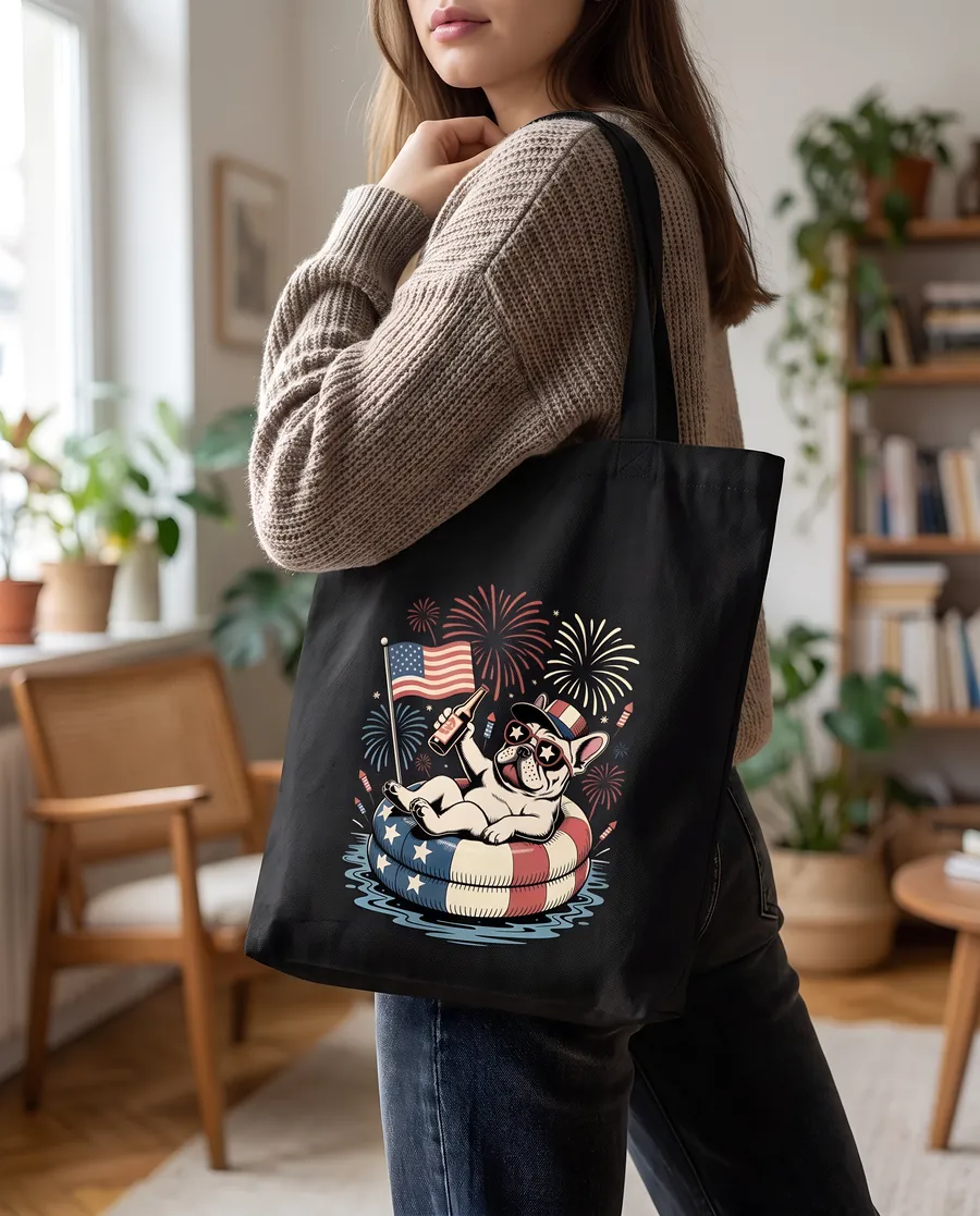 Patriotic dog design on a tote bag, carried by a woman