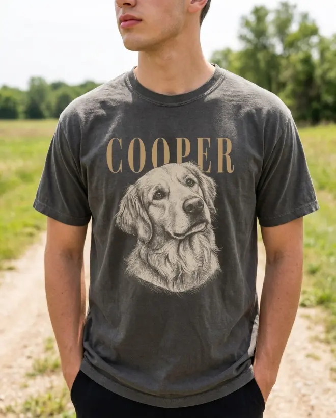 A man outdoors wearing the printed t-shirt