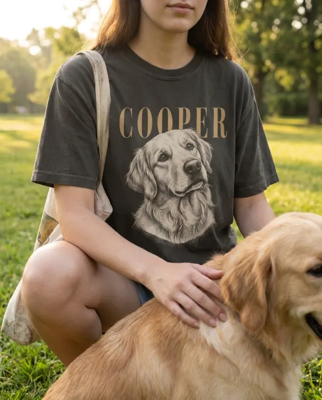 A woman in a park with her dog, wearing the printed t-shirt