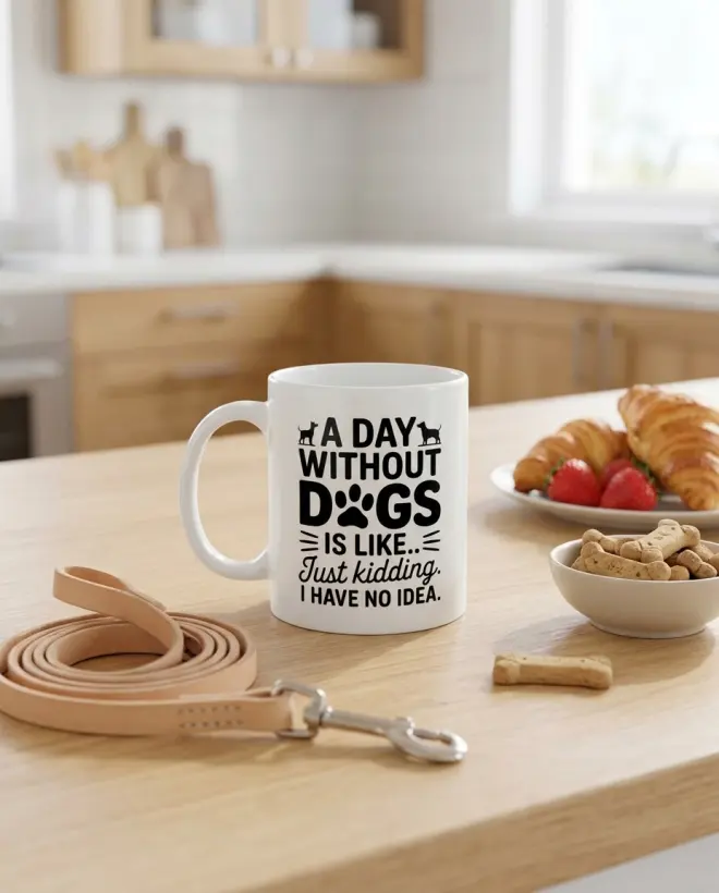 The printed mug on a kitchen counter beside a dog leash and pastries