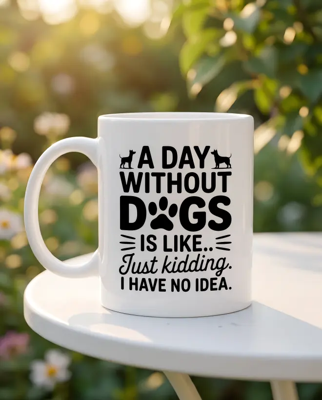 The printed mug on a garden table in morning light