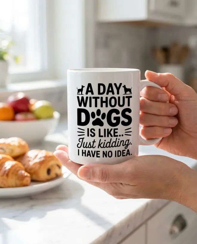 Hands holding the printed mug in a bright kitchen