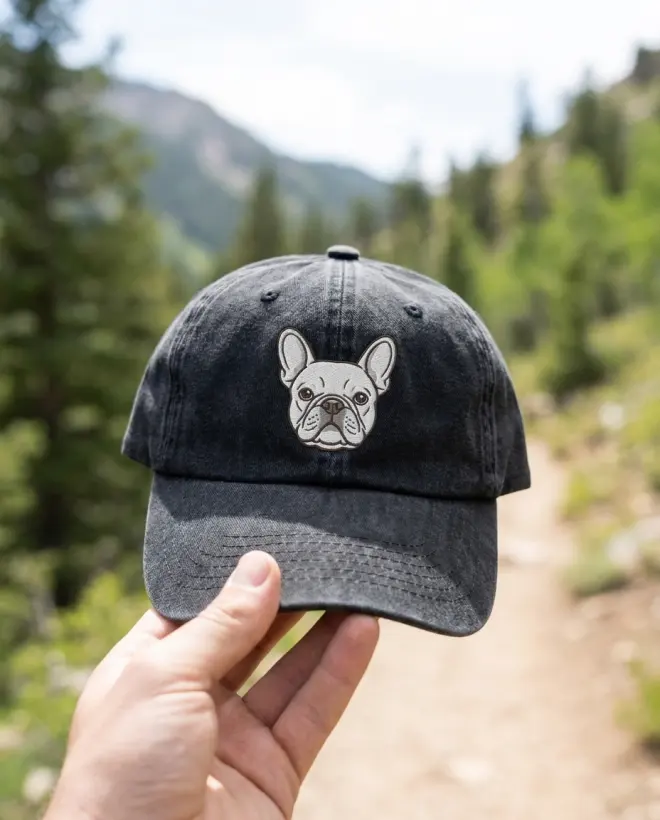 A hand holding the embroidered cap on a mountain trail