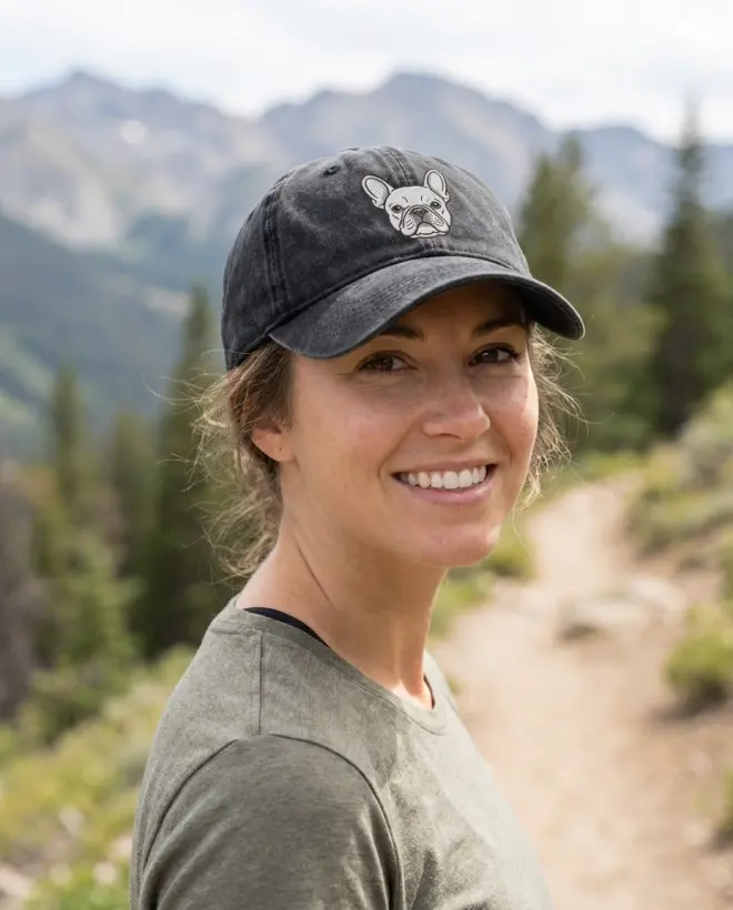 A woman wearing the embroidered cap on a hike