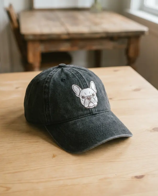 The embroidered cap resting on a wooden table